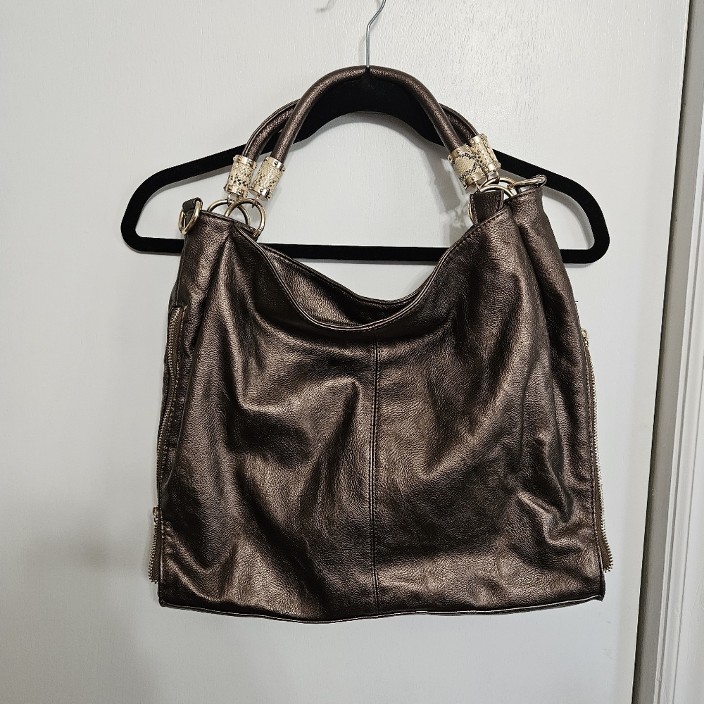 Charming Charlie Bronze Metallic Hobo Purse Zip Top Shoulder Bag Gold Chain